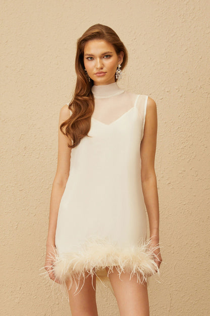 Sleeveless Feather Hem Mini Dress