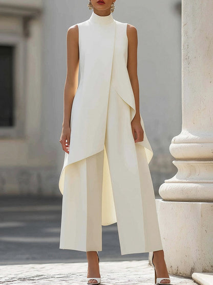 Sleeveless High Neck Overlay Wide Leg Jumpsuit
