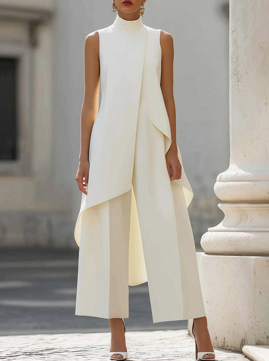 Sleeveless High Neck Overlay Wide Leg Jumpsuit