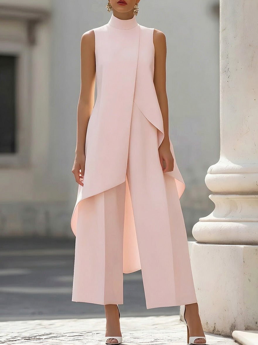 Sleeveless High Neck Overlay Wide Leg Jumpsuit