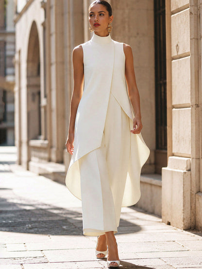 Sleeveless High Neck Overlay Wide Leg Jumpsuit