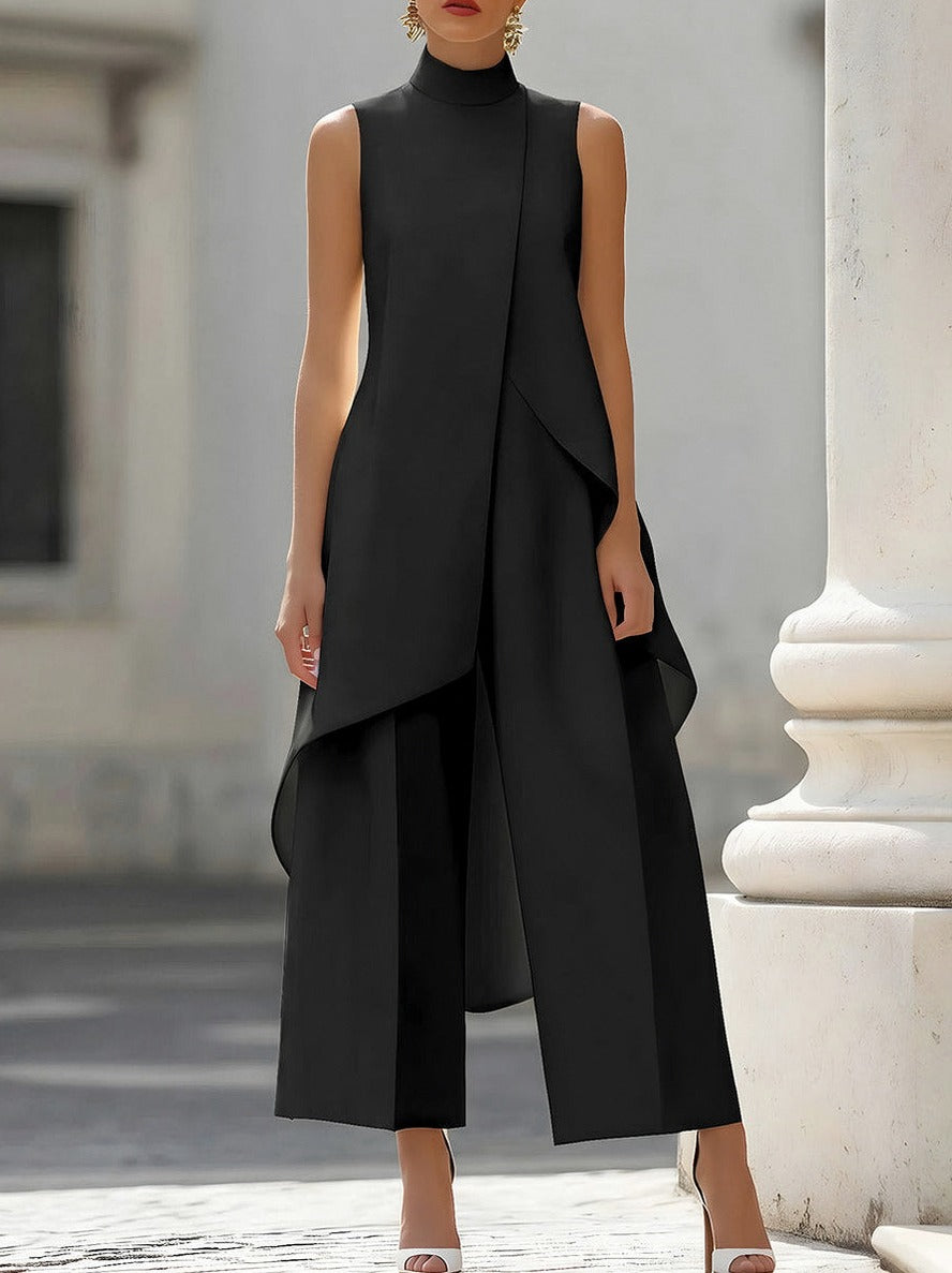 Sleeveless High Neck Overlay Wide Leg Jumpsuit