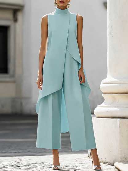 Sleeveless High Neck Overlay Wide Leg Jumpsuit