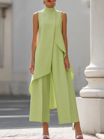 Sleeveless High Neck Overlay Wide Leg Jumpsuit