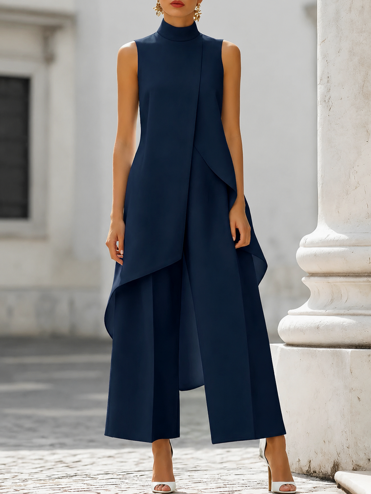 Sleeveless High Neck Overlay Wide Leg Jumpsuit