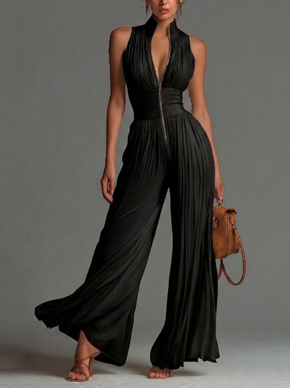Sleeveless Pleated Wide Leg Jumpsuit