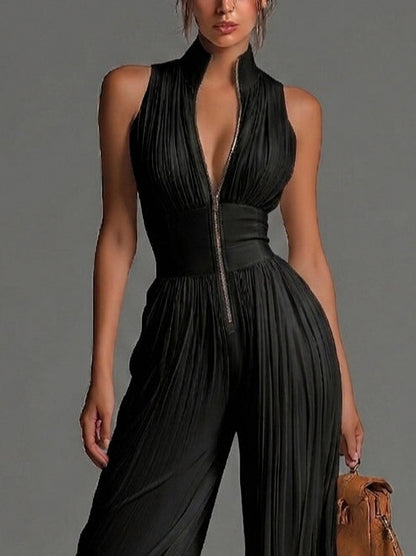 Sleeveless Pleated Wide Leg Jumpsuit