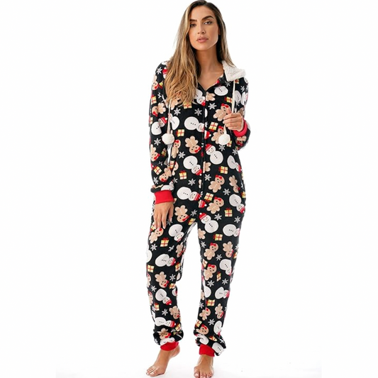 Snowman Print Long Sleeve Hooded Onesie