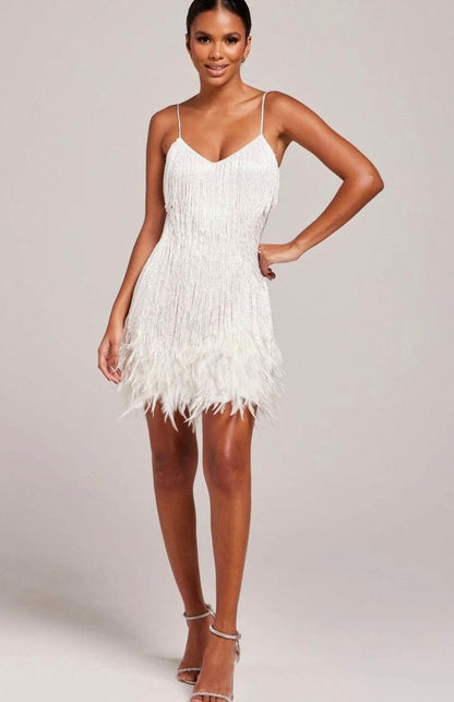 Spaghetti Strap Fringe Feather Hem Mini Dress