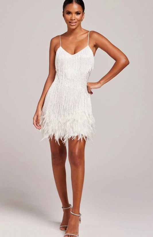 Spaghetti Strap Fringe Feather Hem Mini Dress