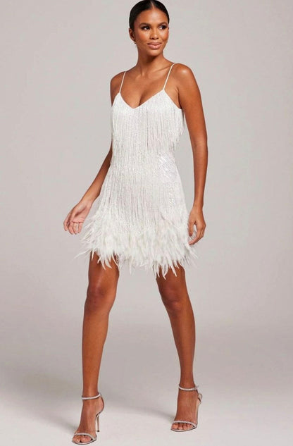 Spaghetti Strap Fringe Feather Hem Mini Dress