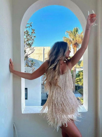 Spaghetti Strap Fringe Feather Hem Mini Dress