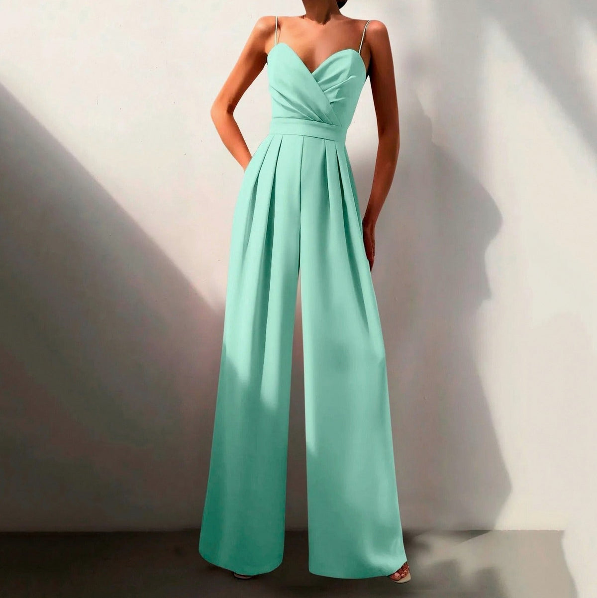 Spaghetti Strap Pleated Wide Leg Jumpsuit