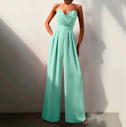 Spaghetti Strap Pleated Wide Leg Jumpsuit