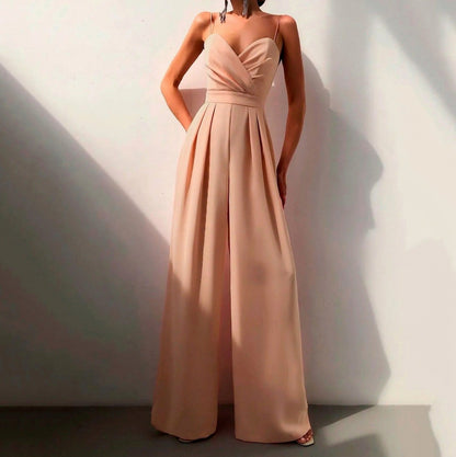 Spaghetti Strap Pleated Wide Leg Jumpsuit