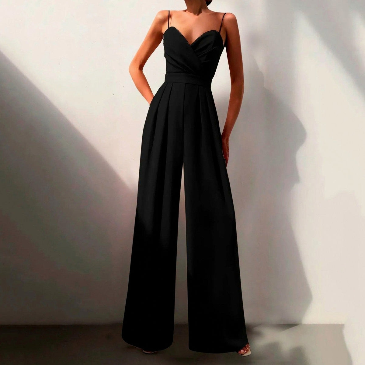 Spaghetti Strap Pleated Wide Leg Jumpsuit