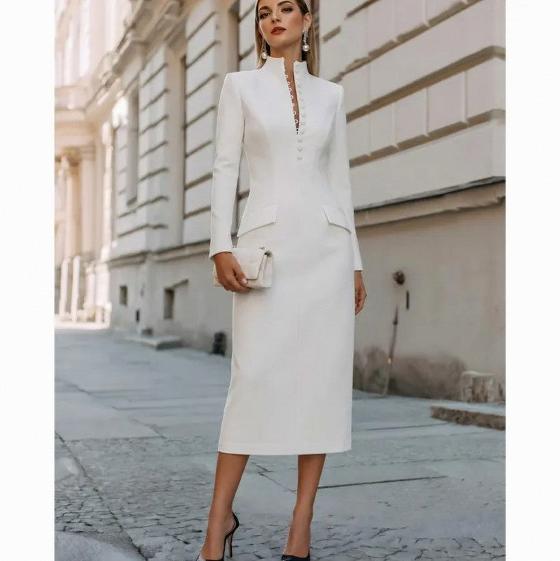 Tailored High Neck Long Sleeve Midi Dress