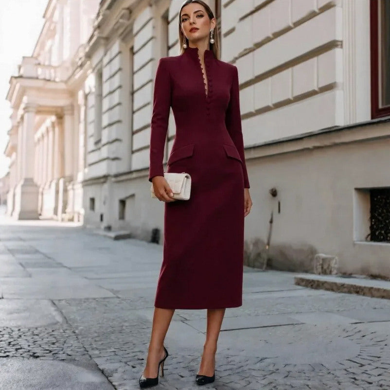 Tailored High Neck Long Sleeve Midi Dress