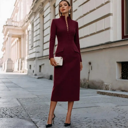 Tailored High Neck Long Sleeve Midi Dress