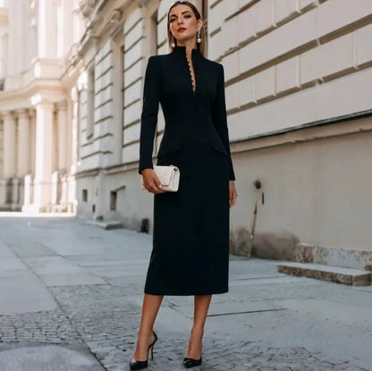 Tailored High Neck Long Sleeve Midi Dress