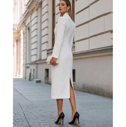 Tailored High Neck Long Sleeve Midi Dress
