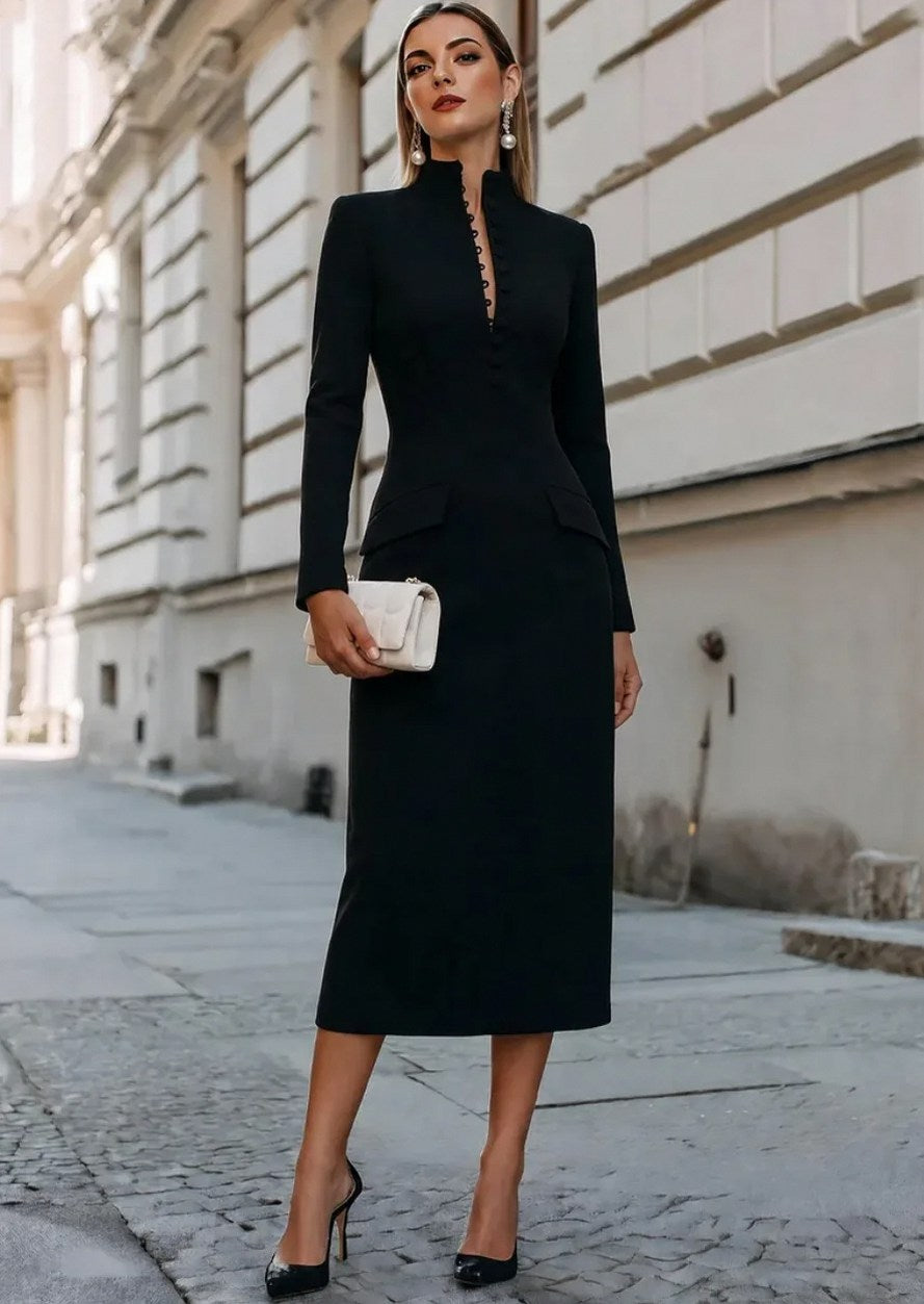 Tailored High Neck Long Sleeve Midi Dress