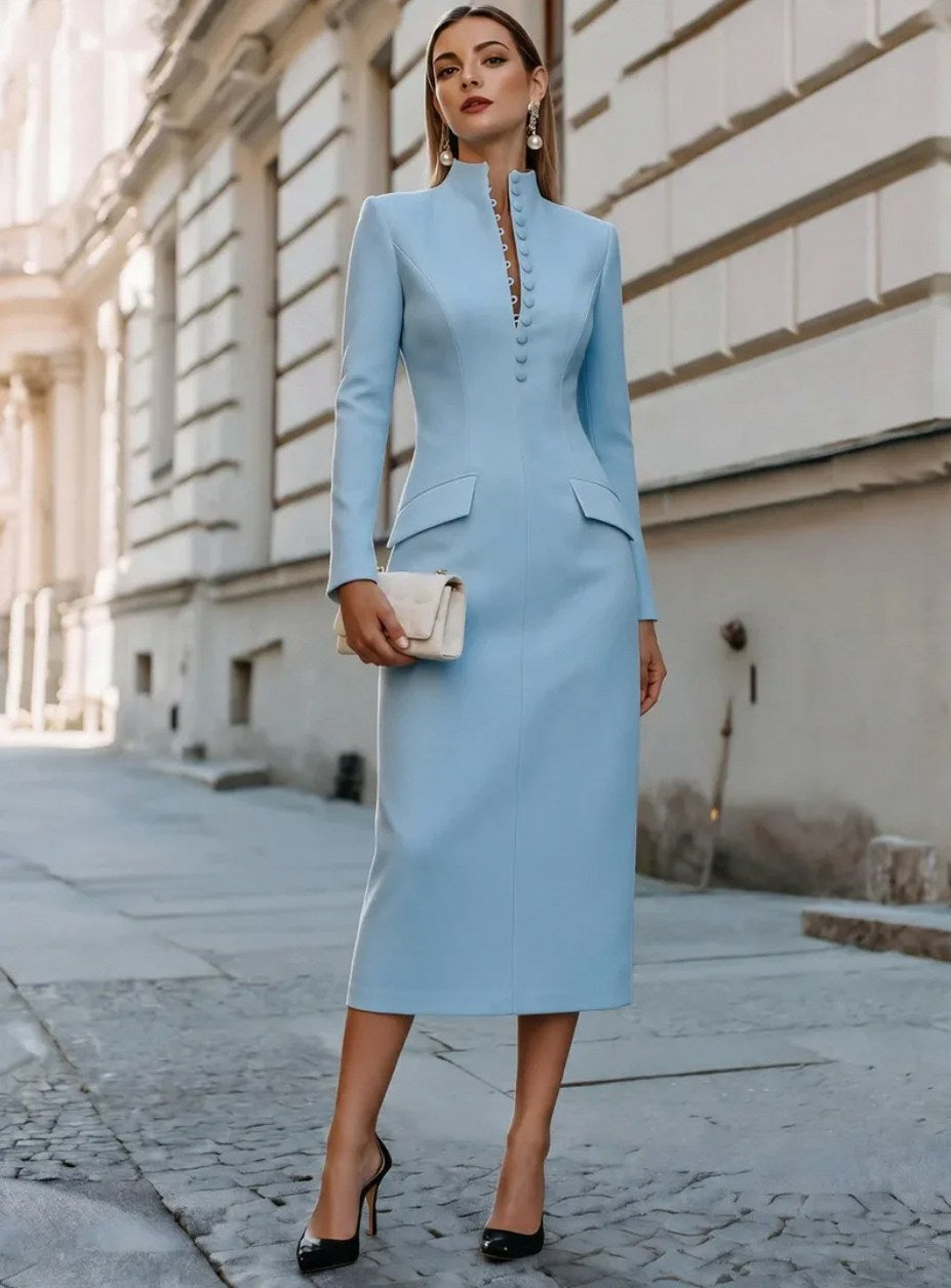 Tailored High Neck Long Sleeve Midi Dress