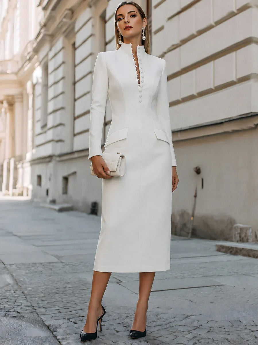 Tailored High Neck Long Sleeve Midi Dress