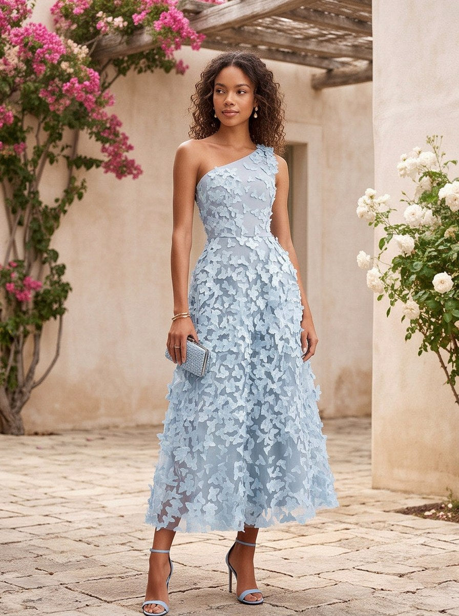 Tulle One Shoulder Applique Midi Dress