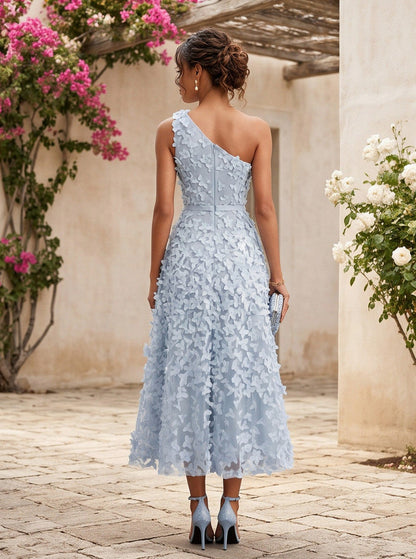 Tulle One Shoulder Applique Midi Dress