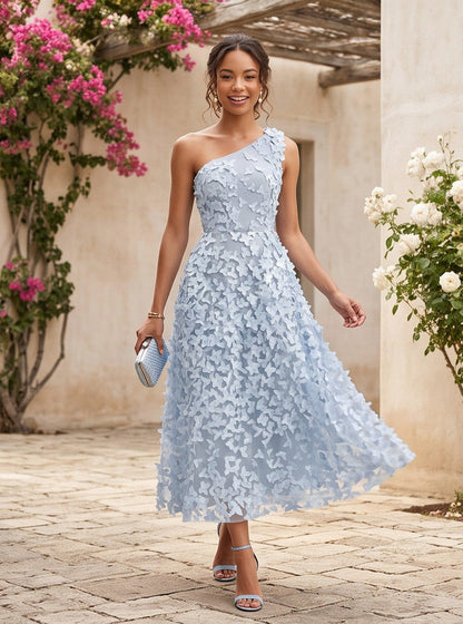 Tulle One Shoulder Applique Midi Dress