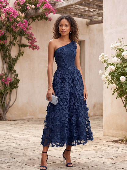 Tulle One Shoulder Applique Midi Dress