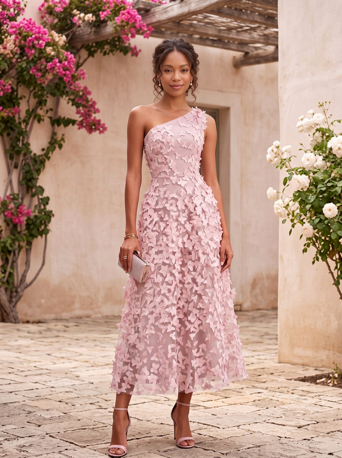 Tulle One Shoulder Applique Midi Dress