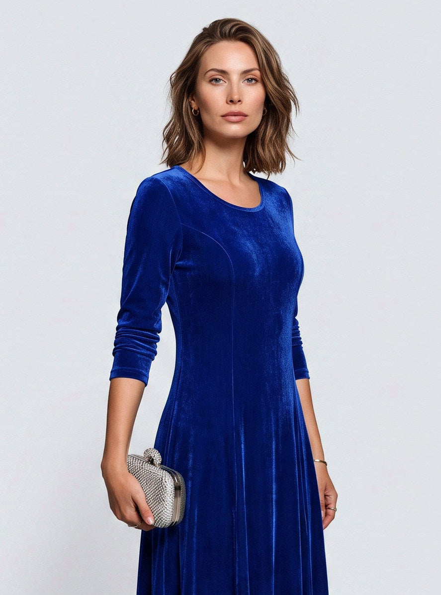 Velvet A-Line Three Quarter Sleeve Maxi Dress