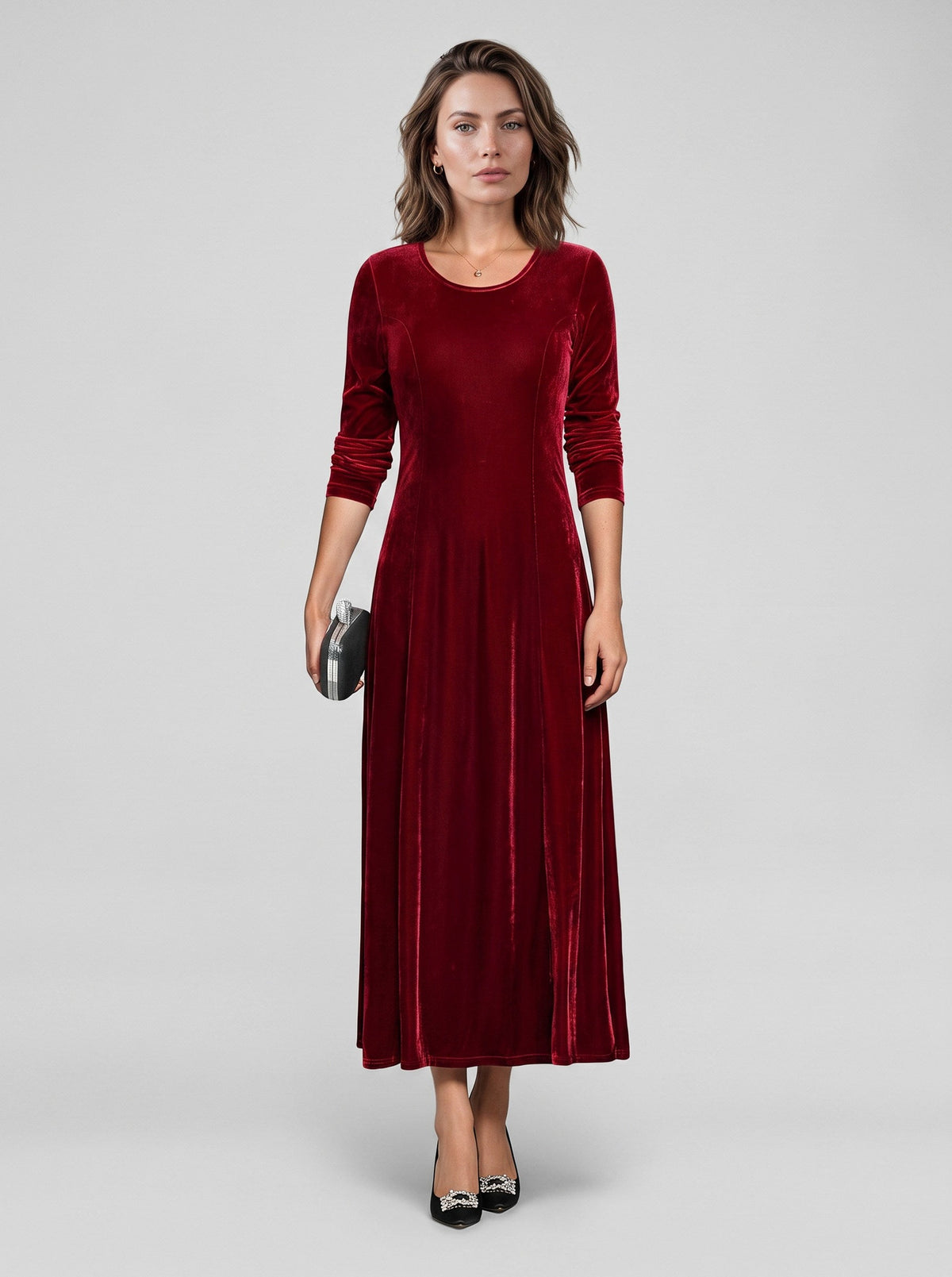 Velvet A-Line Three Quarter Sleeve Maxi Dress