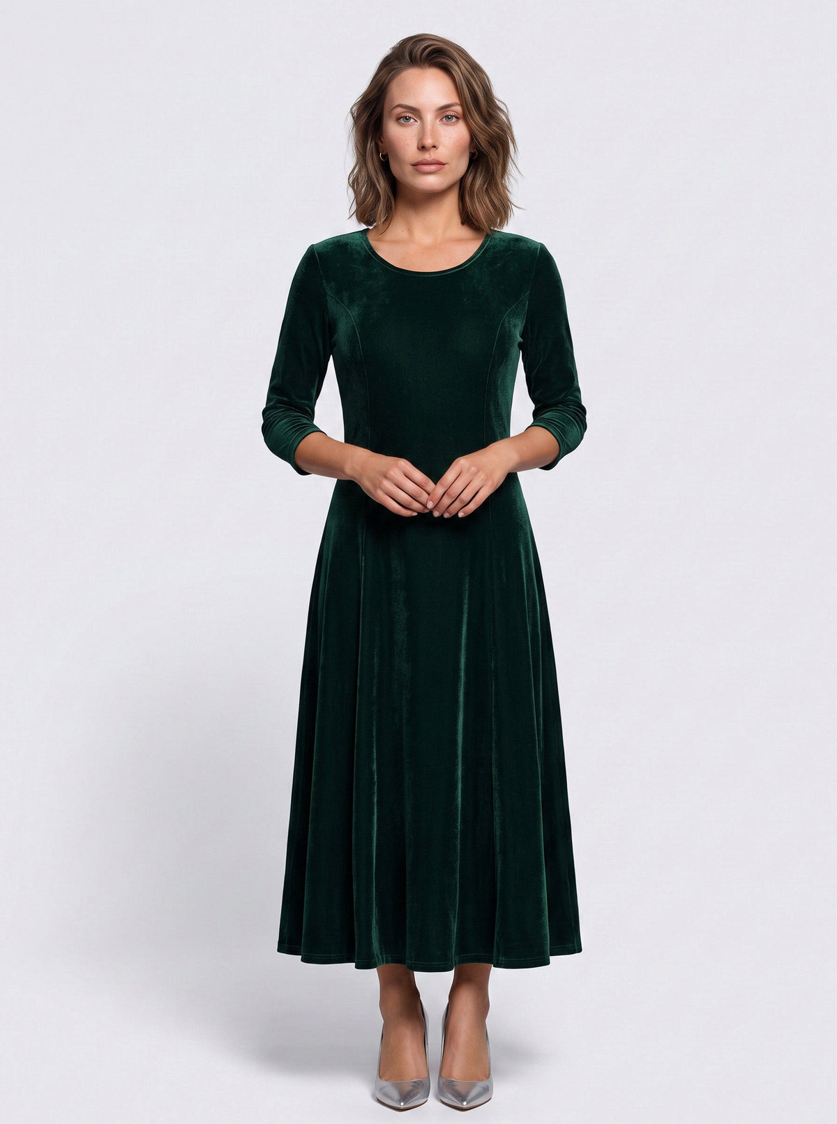 Velvet A-Line Three Quarter Sleeve Maxi Dress