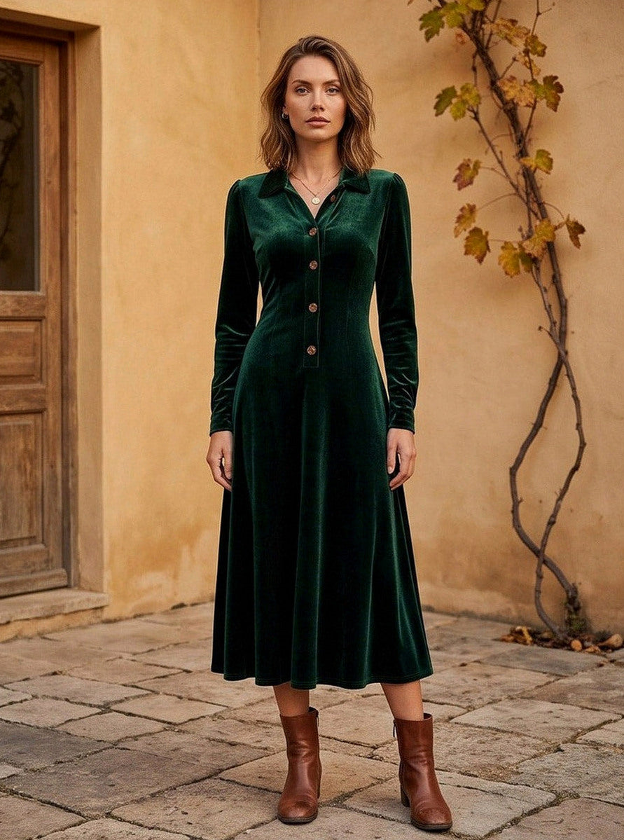 Velvet Collared Long Sleeve Midi Dress