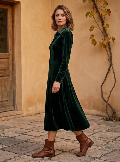Velvet Collared Long Sleeve Midi Dress