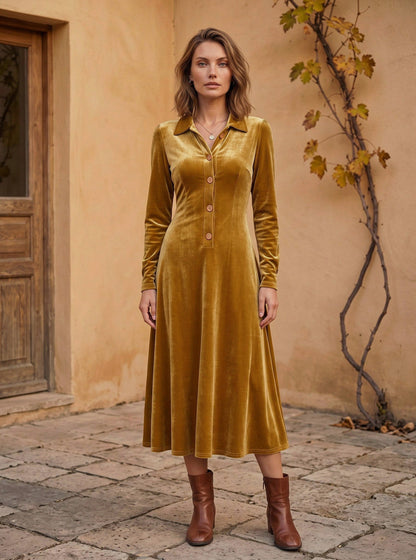 Velvet Collared Long Sleeve Midi Dress