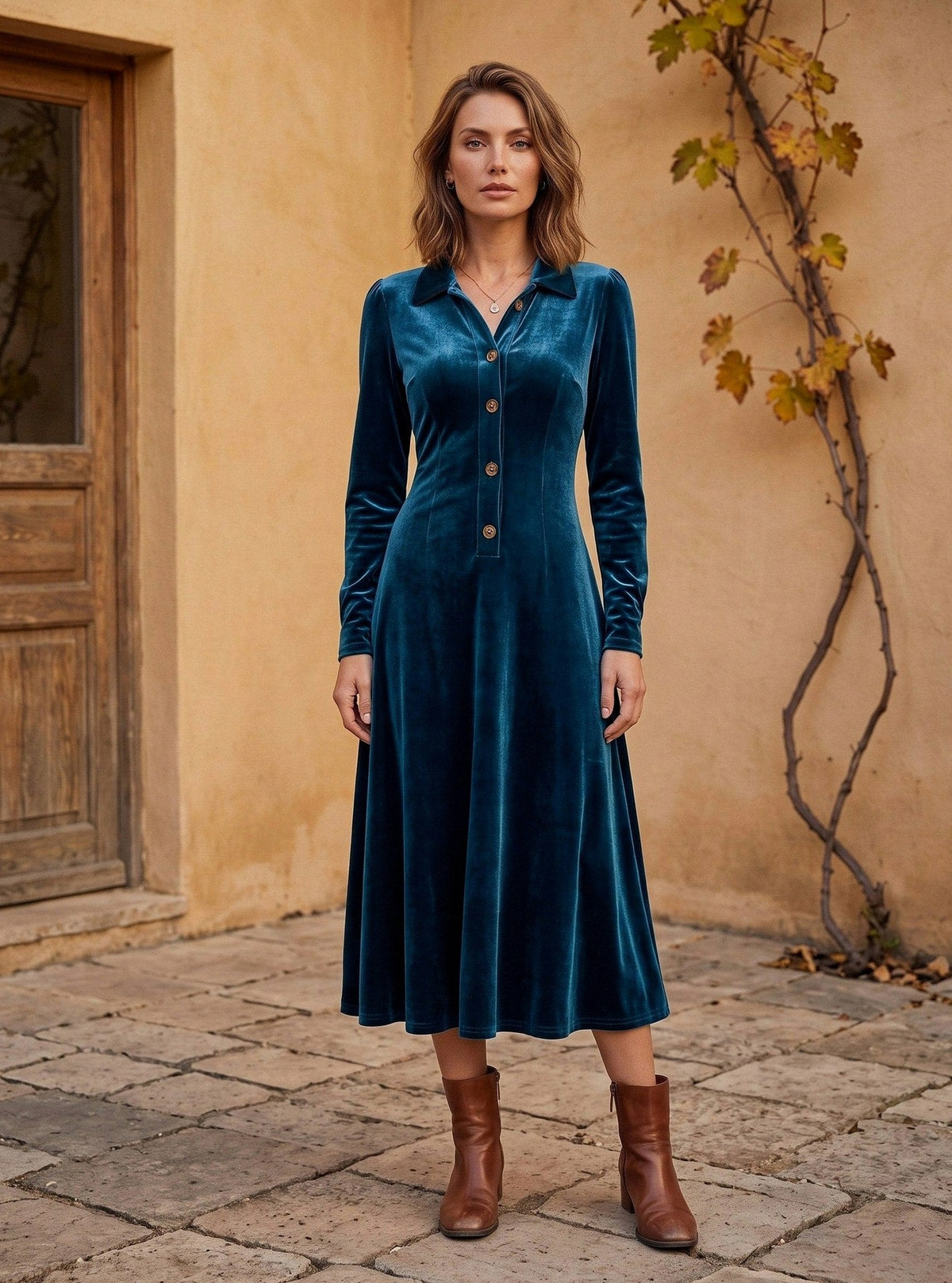 Velvet Collared Long Sleeve Midi Dress