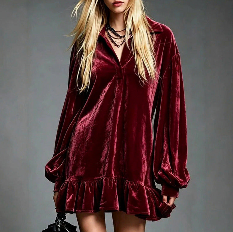 Velvet Collared Long Sleeve Mini Dress
