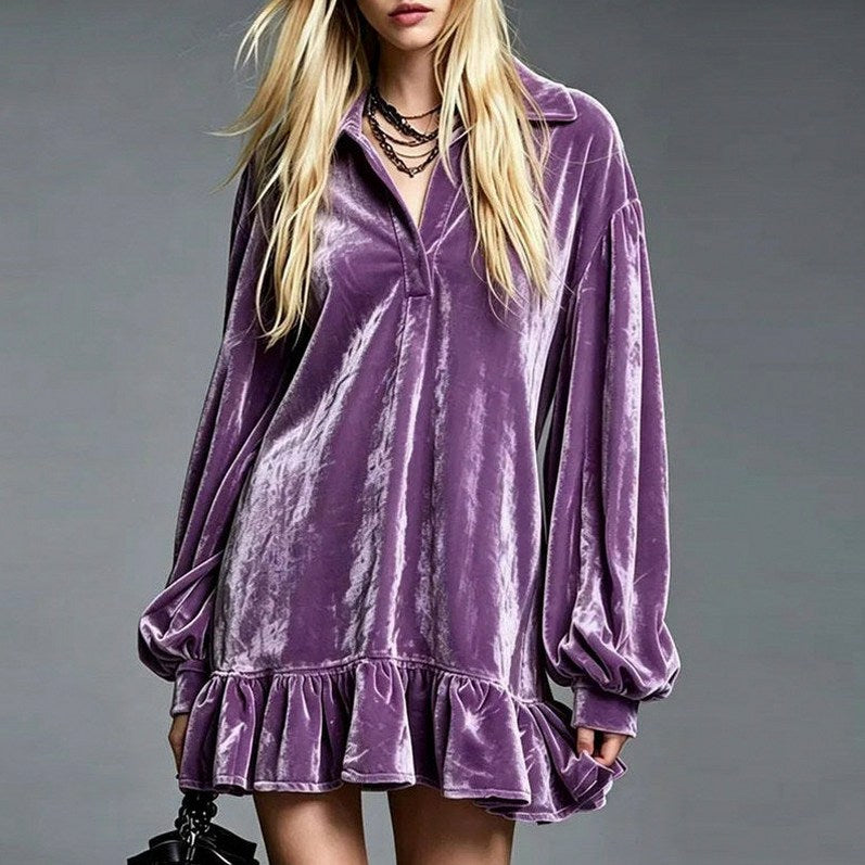 Velvet Collared Long Sleeve Mini Dress