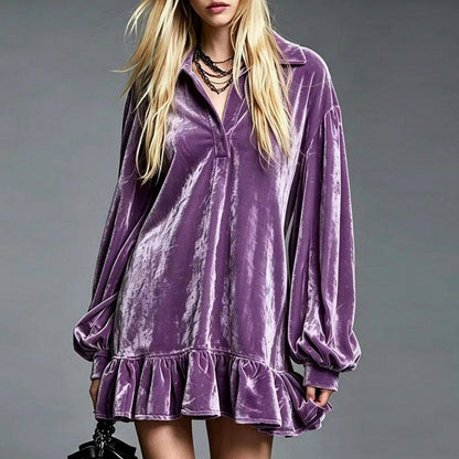 Velvet Collared Long Sleeve Mini Dress