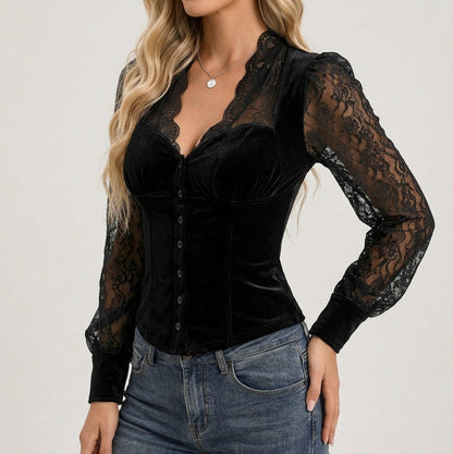 Velvet Corset Lace Long Sleeve Top