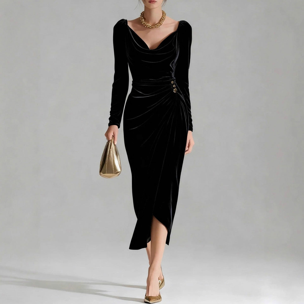 Velvet Cowl Long Sleeve Midi Dress