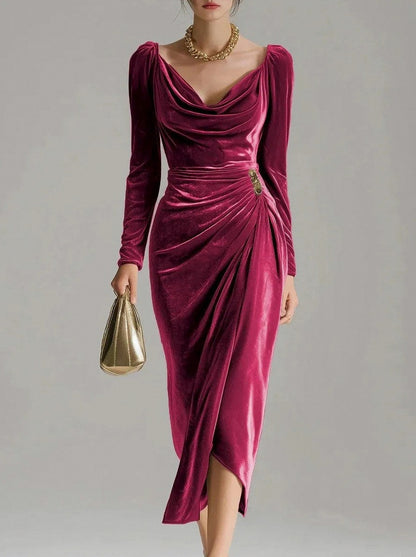 Velvet Cowl Long Sleeve Midi Dress