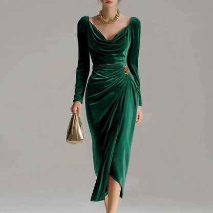 Velvet Cowl Long Sleeve Midi Dress