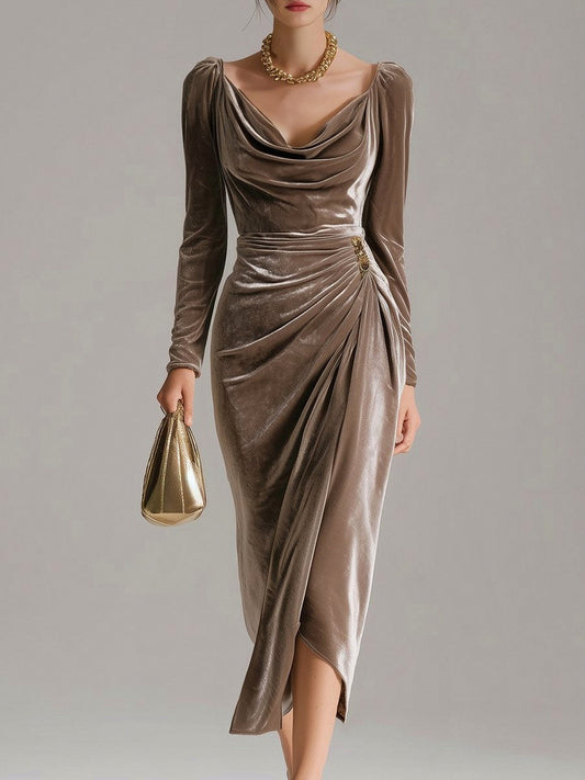 Velvet Cowl Neck Draped Midi Dress