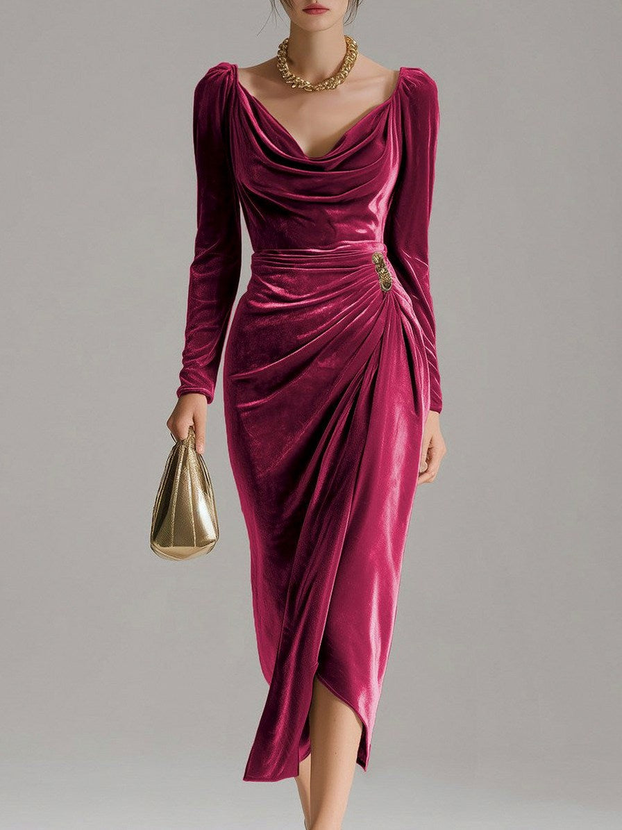 Velvet Cowl Neck Draped Midi Dress