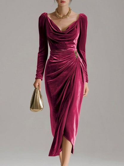 Velvet Cowl Neck Draped Midi Dress